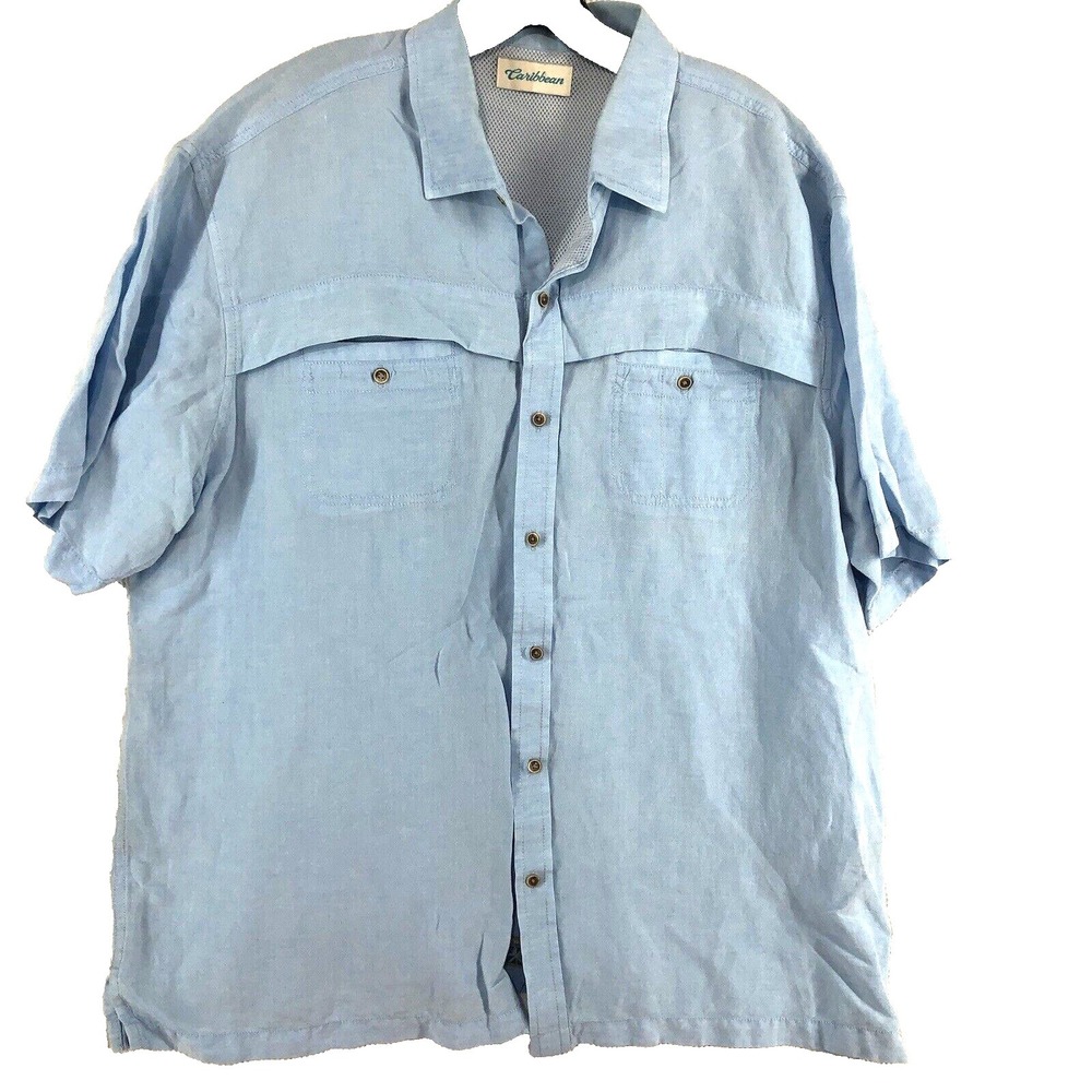 Caribbean Shirt Mens XL Blue Linen‎ Vented Fishing Untucked Button Gorecore